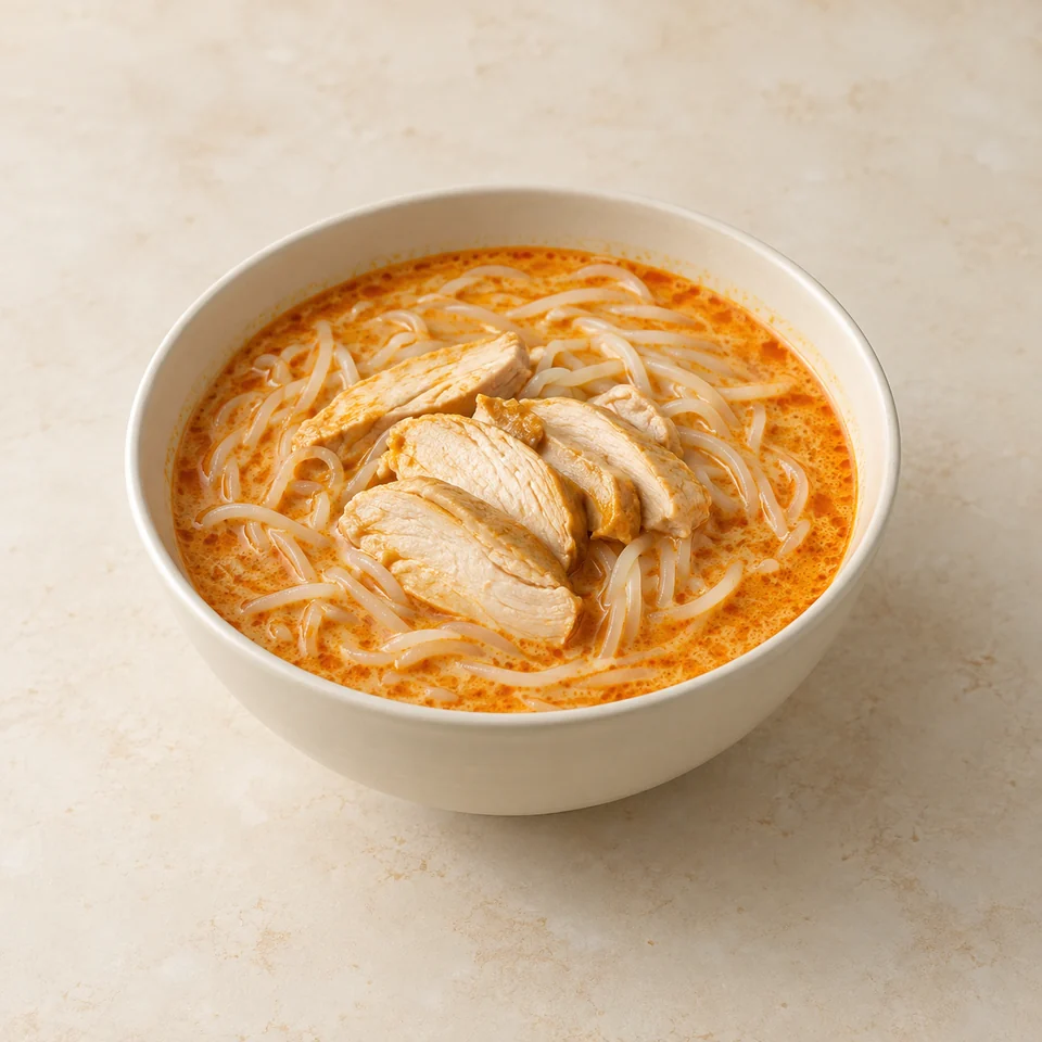Soup, laksa, beef, chicken or pork, with noodles, made with coconut milk — ai-generated illustration