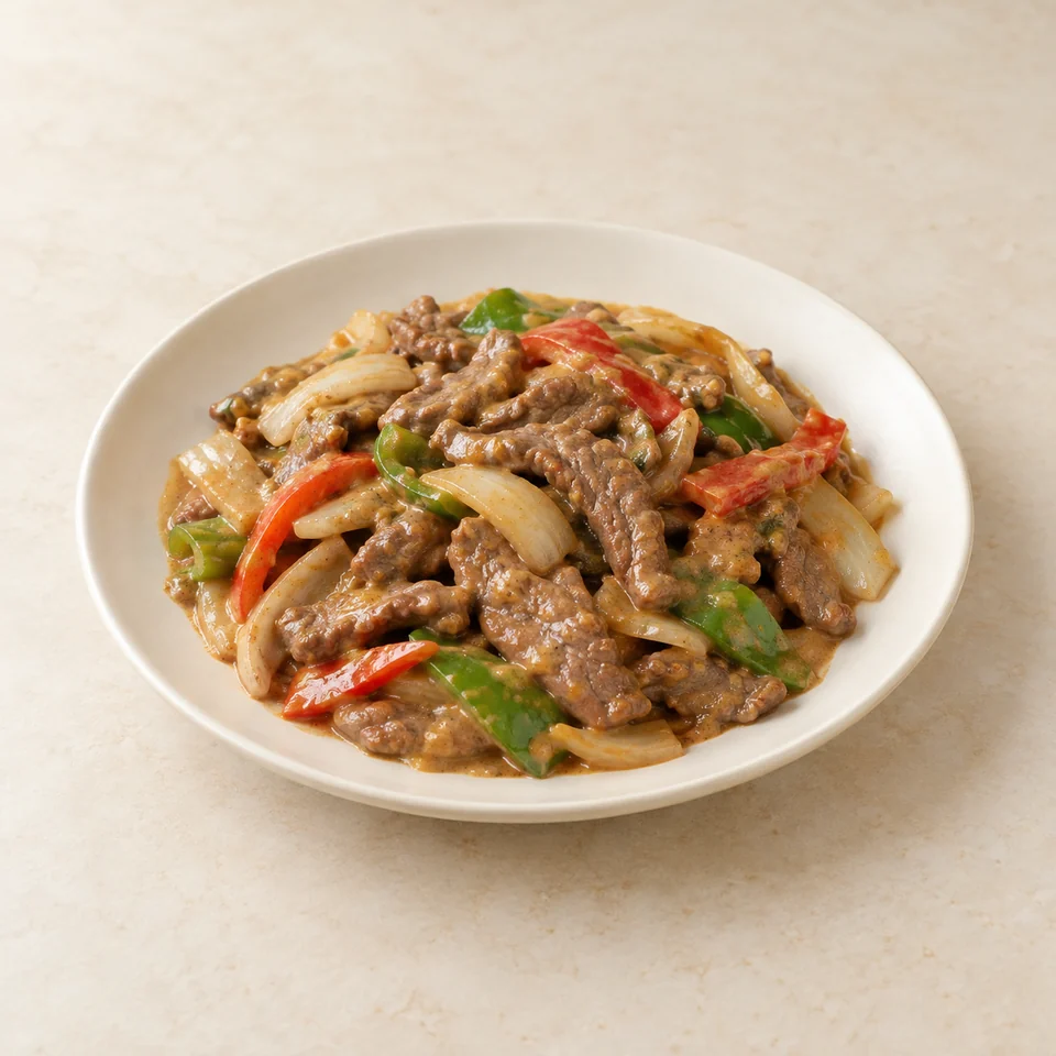 Stir-fry, homemade, beef, satay sauce — ai-generated illustration