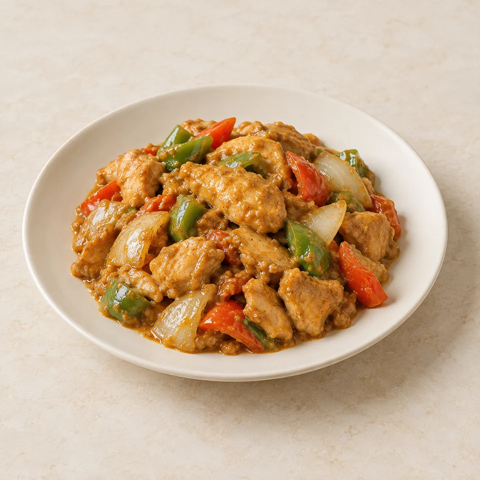 Stir-fry, homemade, chicken, satay sauce — ai-generated illustration