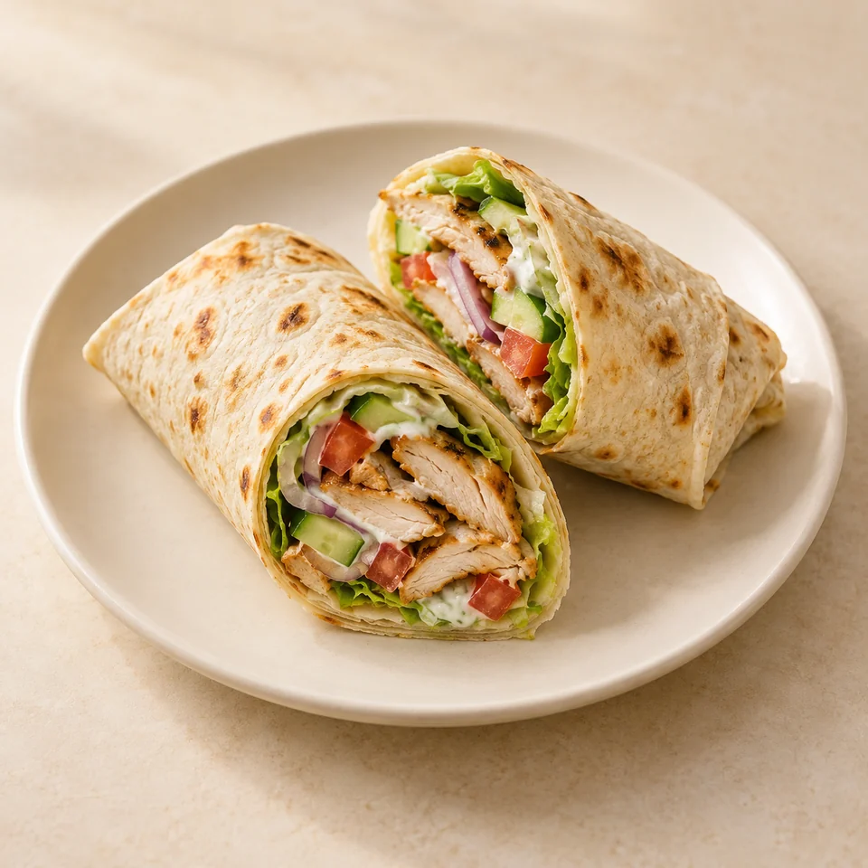 Kebab wrap, chicken, with salad, takeaway — ai-generated illustration