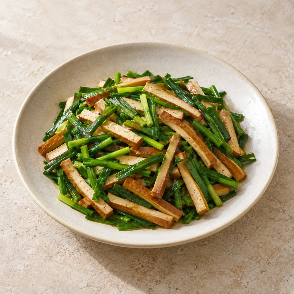 韭菜炒豆腐干,AI 生成示意图