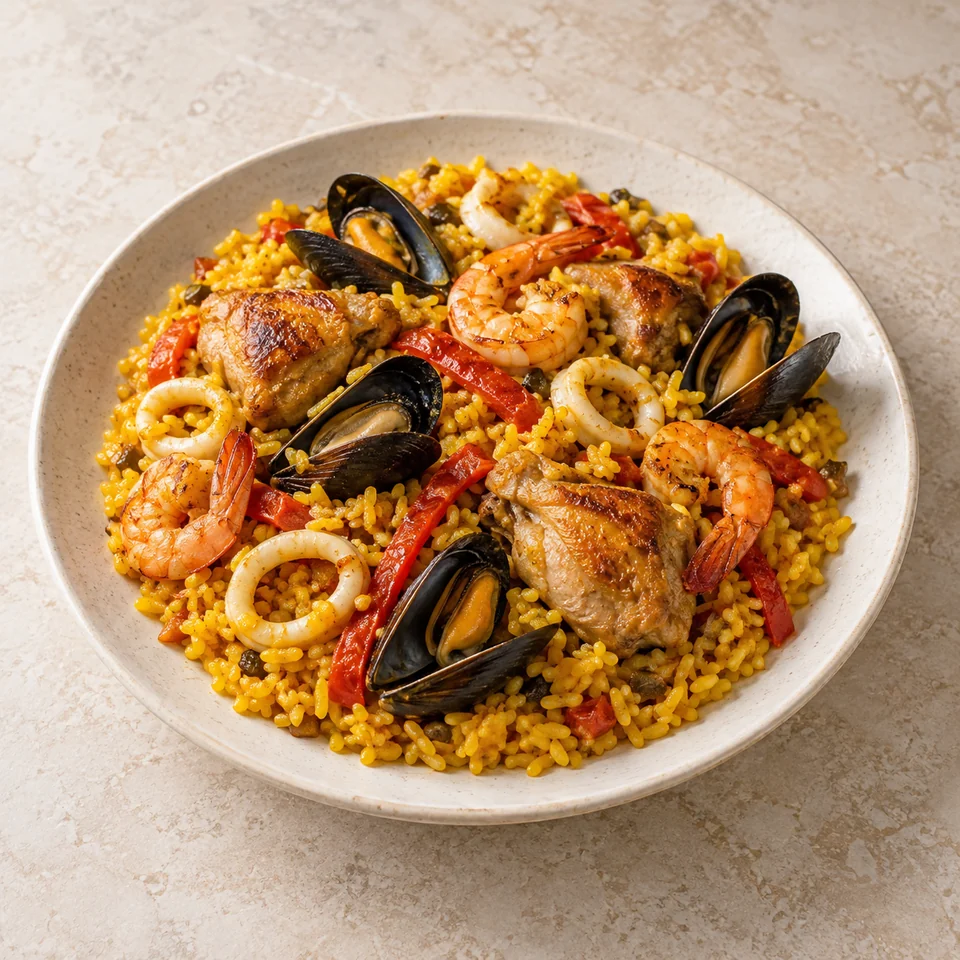 Homemade chicken and seafood paella — ai-generated illustration