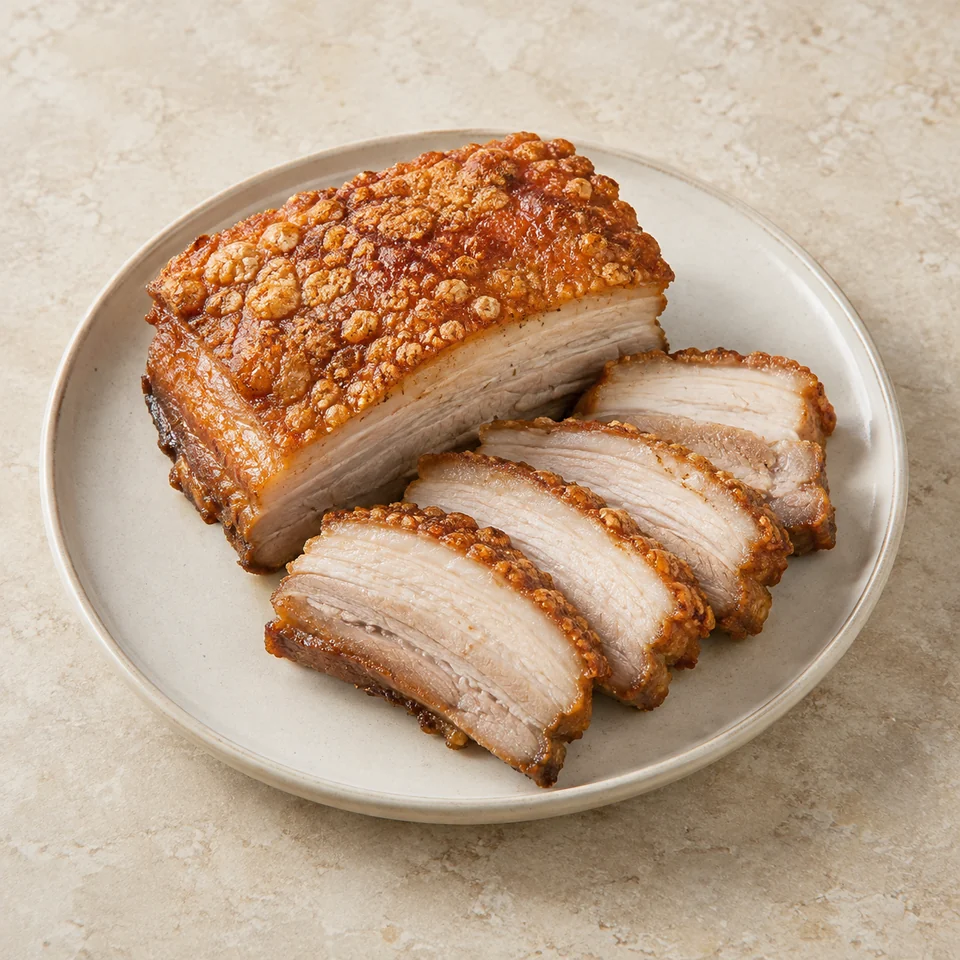 Pork, belly joint, roasted, lean and fat — ai-generated illustration