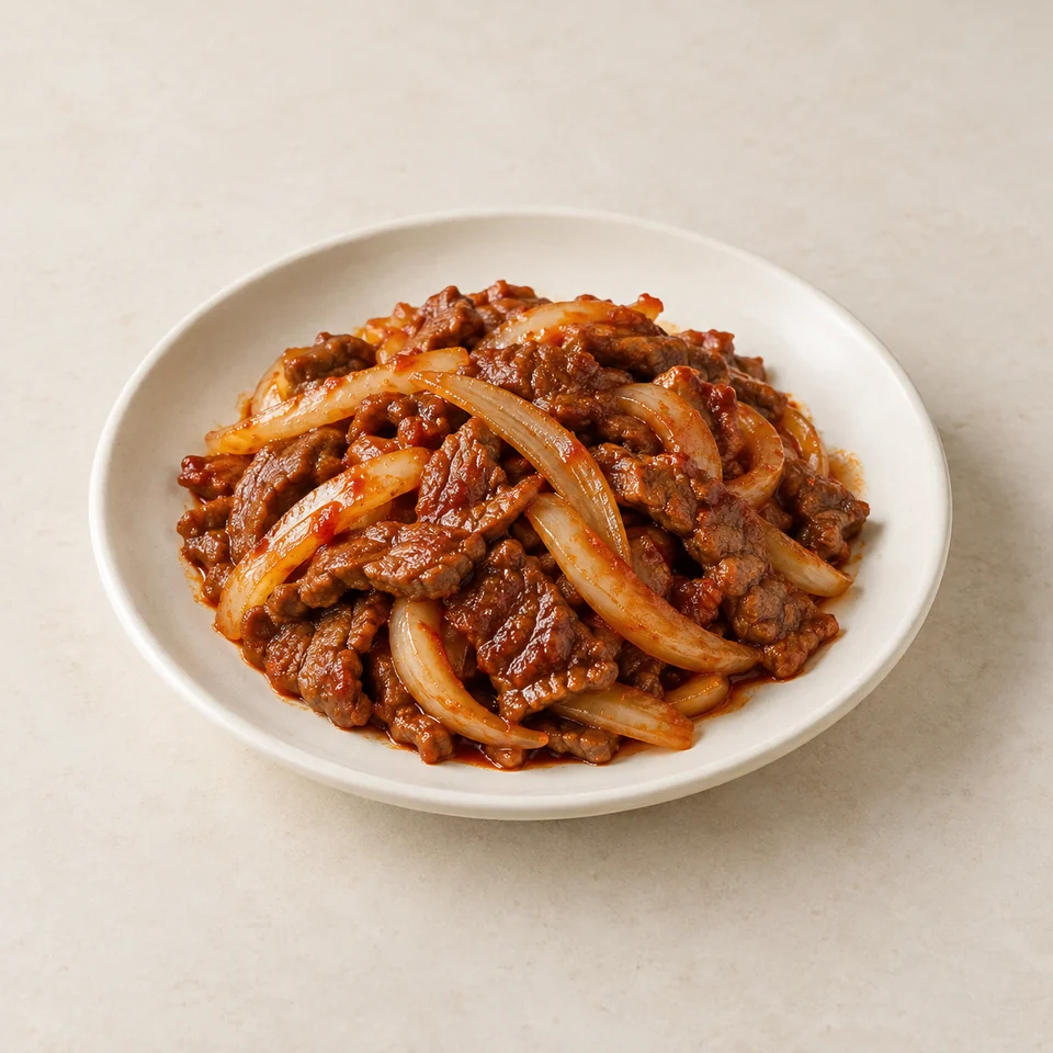 辣酱炒牛肉，AI 生成示意图
