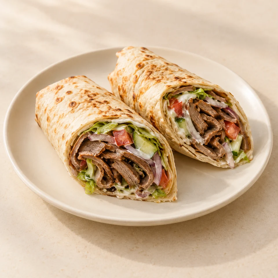 Kebab wrap, meat, with salad, takeaway — ai-generated illustration