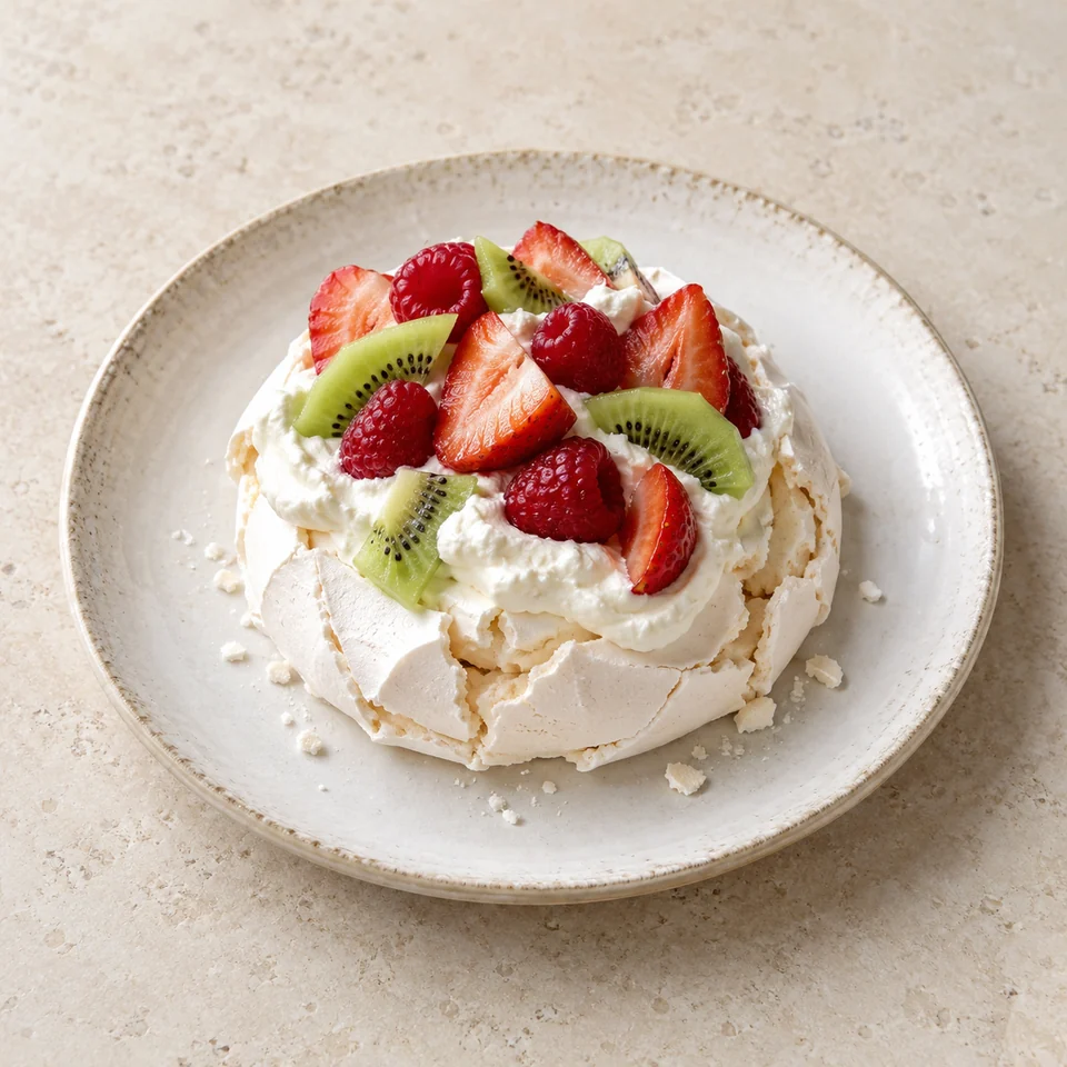 Pavlova, with fruit and cream — ai-generated illustration