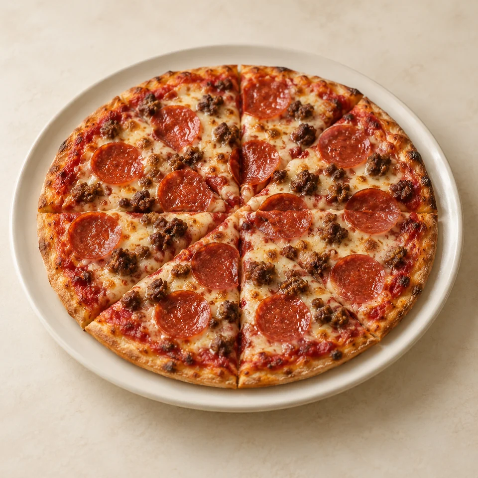 Pizza, meat topped, retail and takeaway — ai-generated illustration