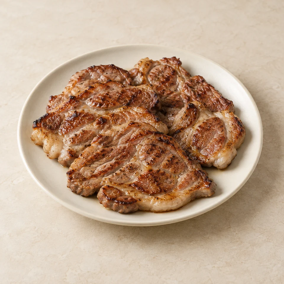 Pork, shoulder steaks (collar), grilled, lean and fat — ai-generated illustration