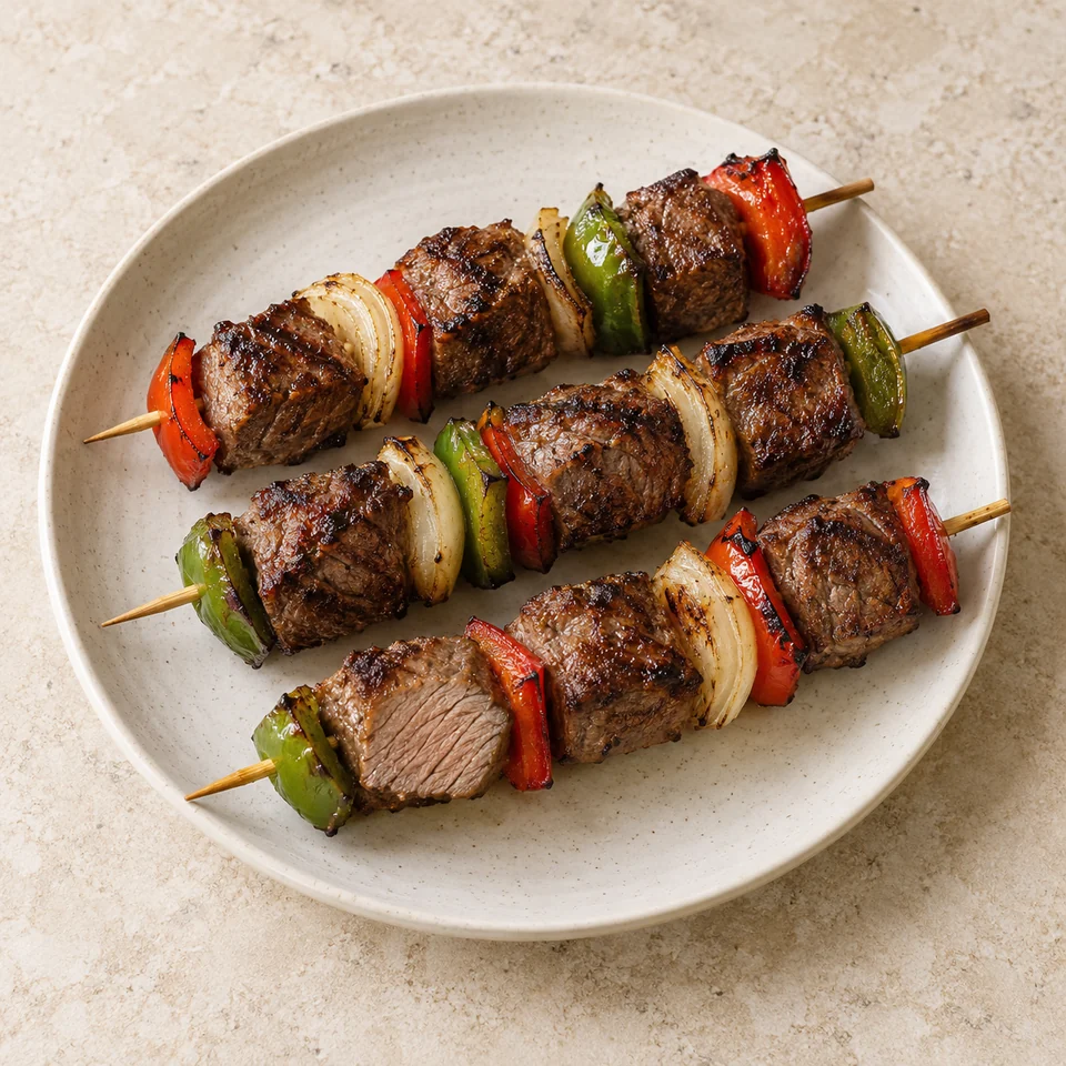 Shish kebabs, with onions and peppers, homemade — ai-generated illustration