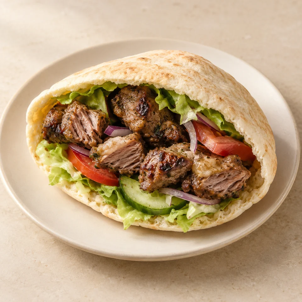 Shish kebab in pitta bread with salad — ai-generated illustration