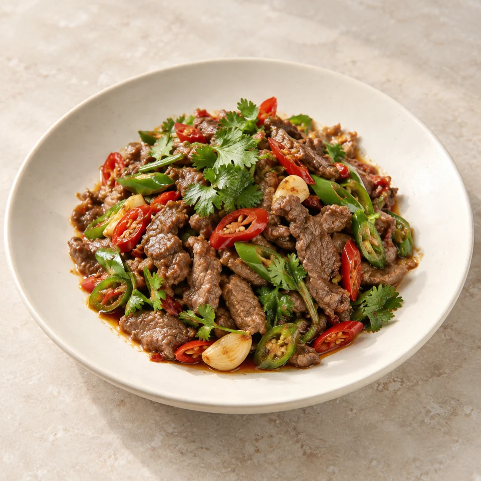 小炒黄牛肉,AI 生成示意图