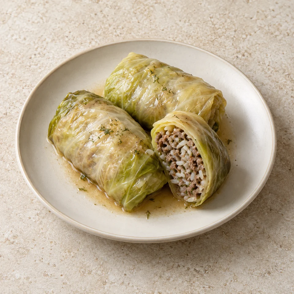 Cabbage leaves, stuffed with lamb and rice, homemade — ai-generated illustration