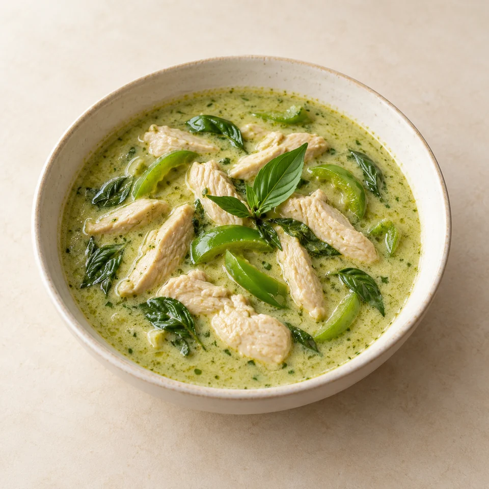 Curry, chicken, Thai green, takeaway and restaurant — ai-generated illustration