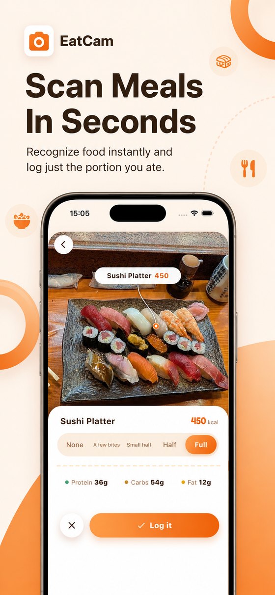 EatCam recognizing a sushi platter with calories and macros in seconds